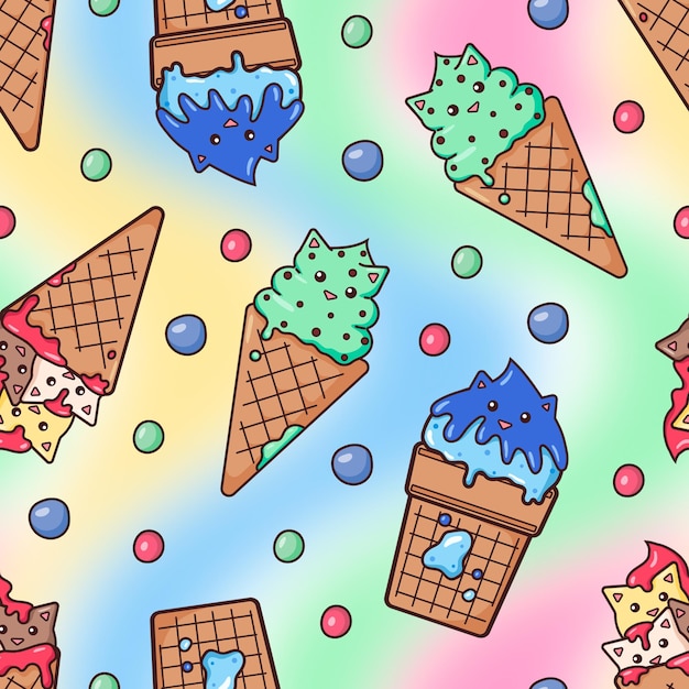 Patrón sin costuras con helado de cono de galleta en forma de gato y gotas de glaseado