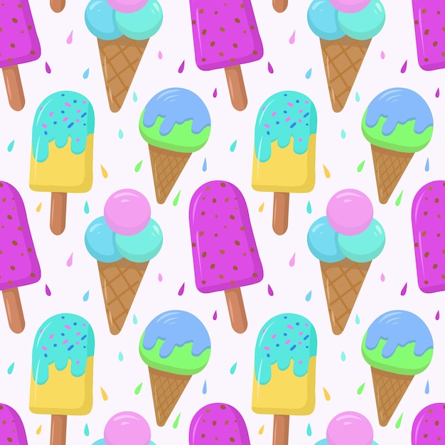 Patrón sin costuras con helado de dibujos animados de colores resaltado sobre un fondo blanco Vector sin costuras