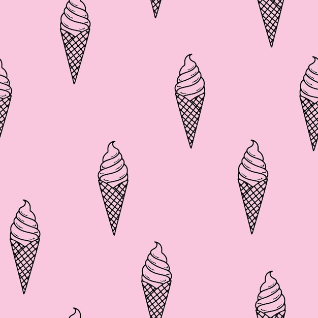 Patrón sin costuras. Helado lineal en un elegante cono de galleta. Menú de verano. Diseño minimalista