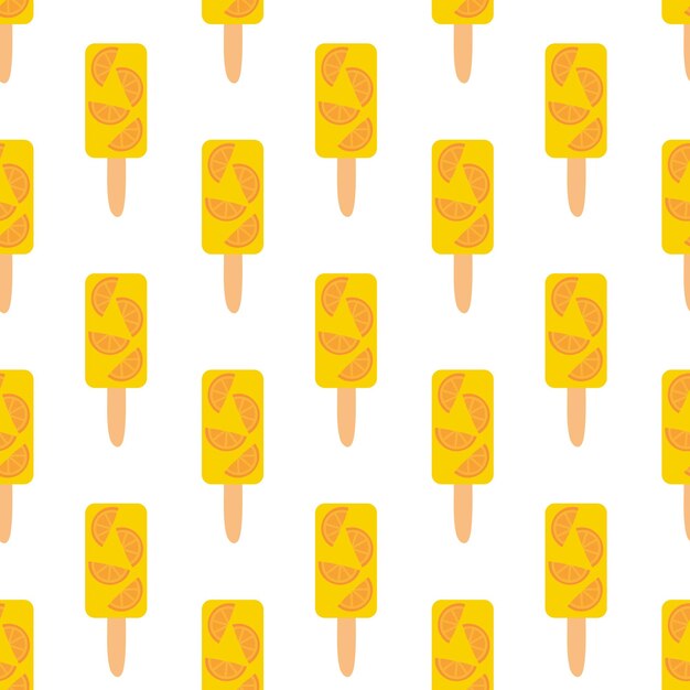 Patrón sin costuras helado con rebanada de naranja en el palo horario de verano fondo de comida dulce vector