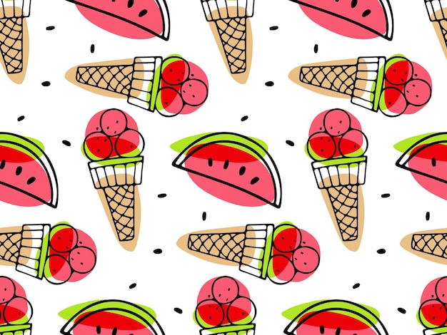 Vector patrón sin costuras con helado y rebanada de sandía helado repetido ilustración vectorial