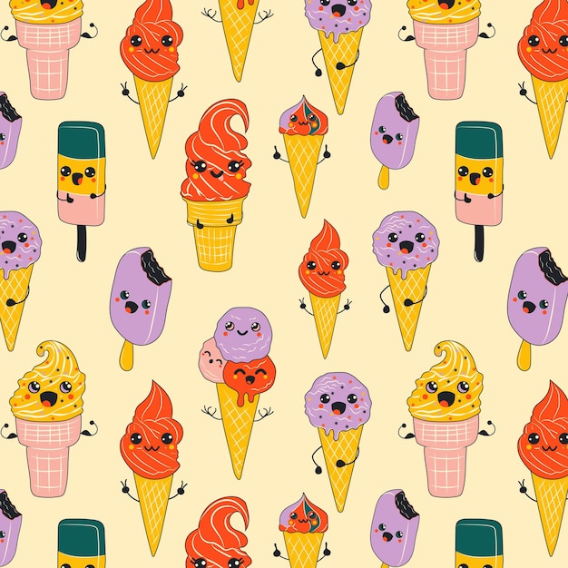 Patrón sin costuras con helado sonriente divertido feliz lindo con ojos kawaii en estilo de dibujos animados brillante