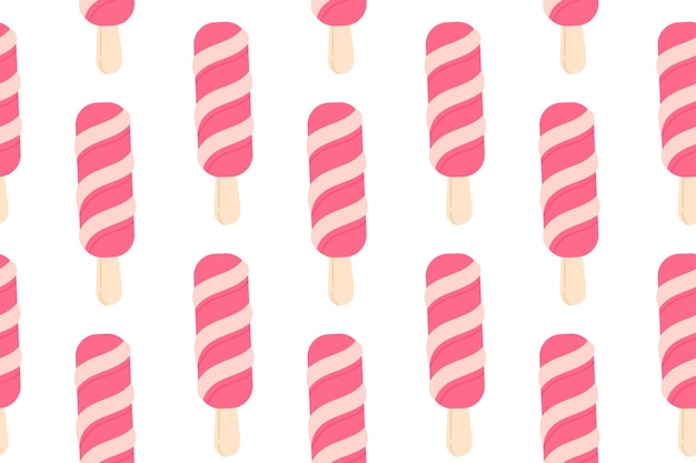 Patrón sin costuras de helados rosados a rayas en fondo blanco ideal para imágenes de postres frutales