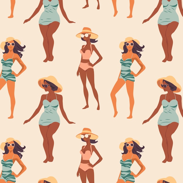 Patrón sin costuras con hermosas mujeres jóvenes con sombrero Las niñas en traje de baño están tomando el sol en verano