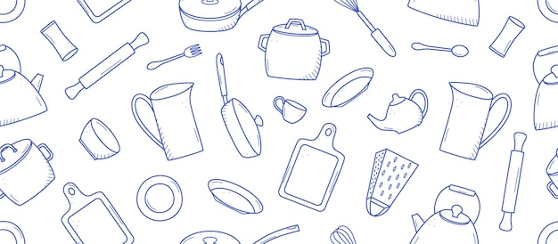 Patrón sin costuras de herramientas de cocina y vajilla icono de garabateo Ilustración vectorial