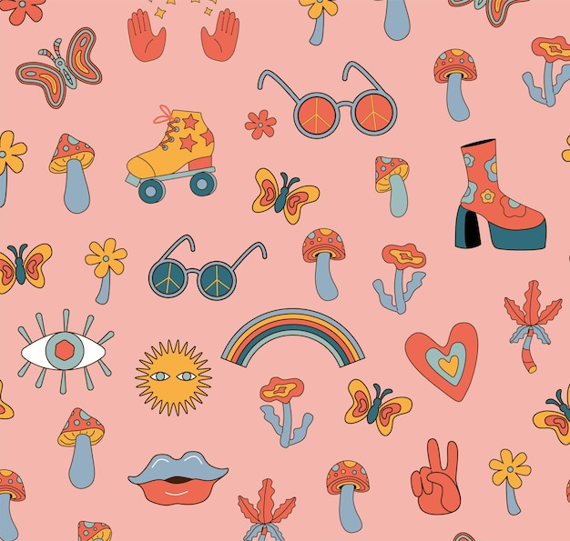 Patrón sin costuras hippie en estilo años 6080 Fondo maravilloso cómico psicodélico