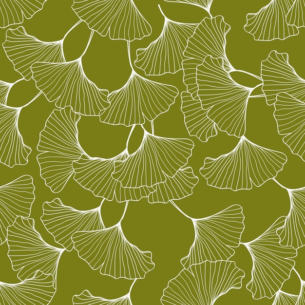 Patrón sin costuras de hoja de gingko dibujada a mano sobre un fondo verde