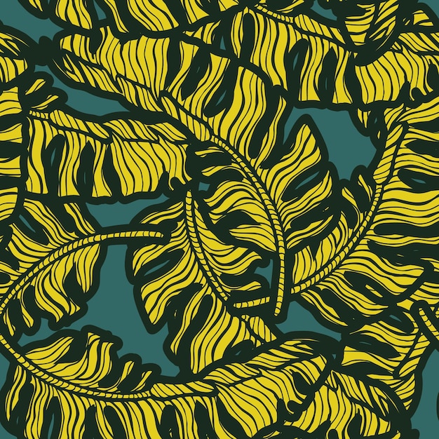 Patrón sin costuras de hoja de plátano tropical Fondo de hojas de selva Grabado repetido Textura de diseño exótico para papel de envolver de tela de impresión Tejido de papel tapiz de moda Ilustración vectorial