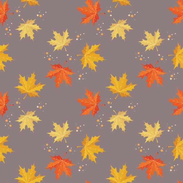 Patrón sin costuras, hojas de arce otoñales y estrellas sobre un fondo beige. Textil, impresión, vector