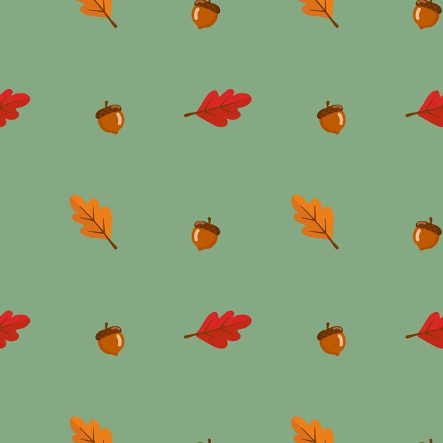 Patrón sin costuras con hojas y bellota sobre fondo verde Textura de otoño abstracta Diseño para papel tapiz de tela textil y decoración