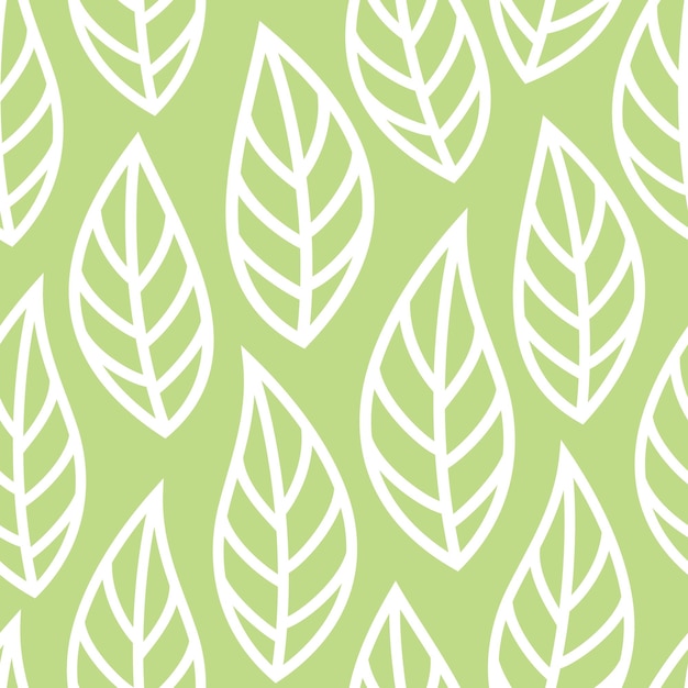 Patrón sin costuras con hojas de contorno blanco sobre un fondo verde Ilustración vectorial