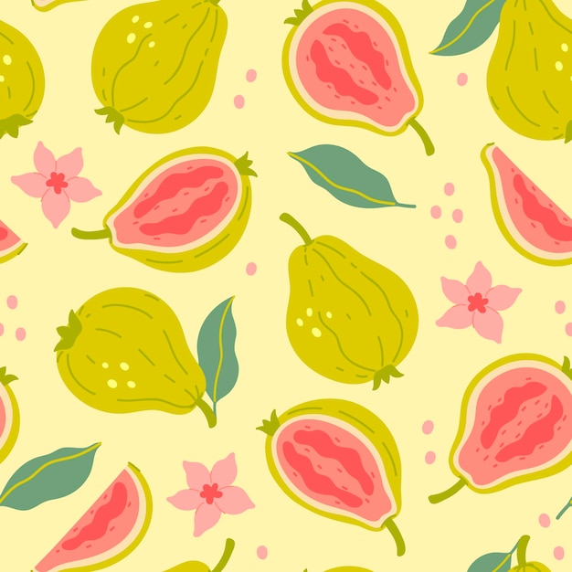 Patrón sin costuras con hojas y flores de frutos de guayaba