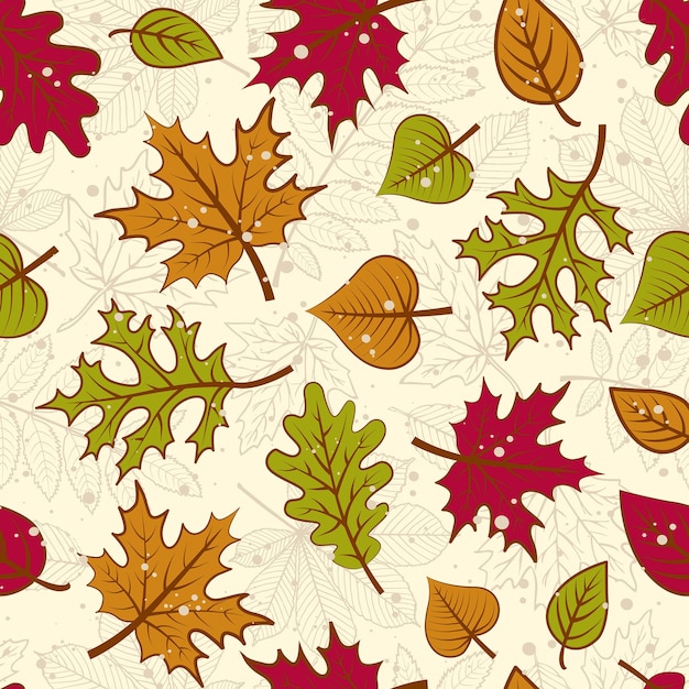 Patrón sin costuras de hojas de otoño en fondo de marfil hojas de caída dibujo de línea de fondo