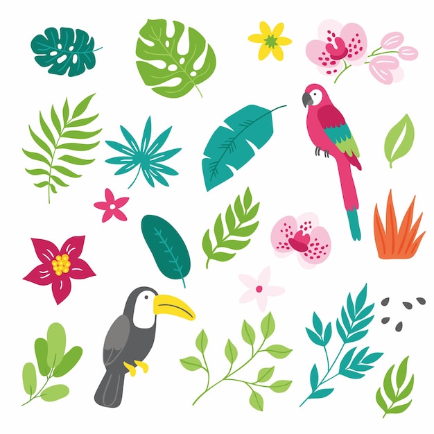 Un patrón sin costuras con hojas y pájaros dibujado a mano patrón plano diseño de verano flora de la naturaleza