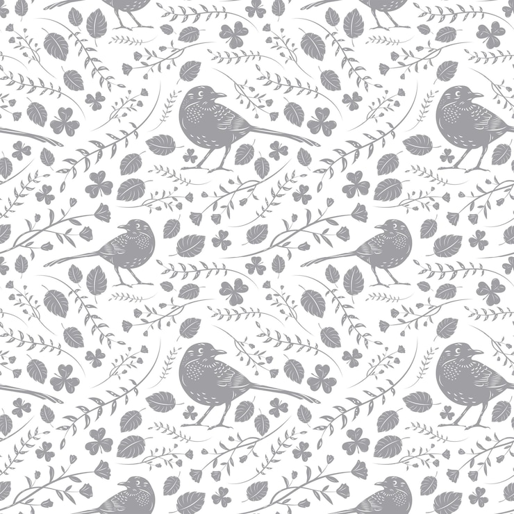 Vector un patrón sin costuras con hojas y pájaros dibujado a mano patrón plano diseño de verano flora de la naturaleza