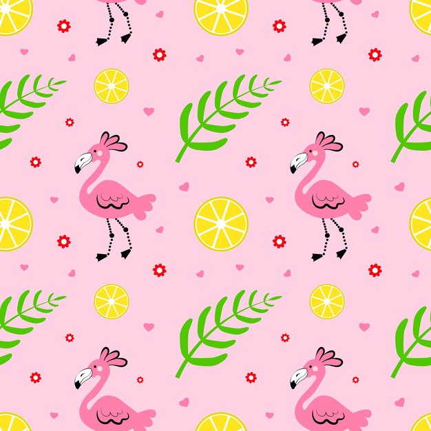 Patrón sin costuras con hojas de palma flamenca y limones sobre un fondo rosado