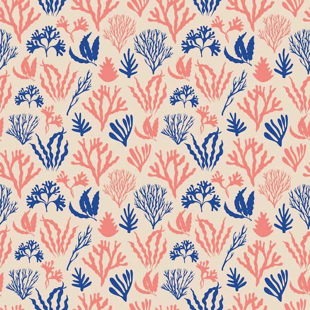 Patrón sin costuras con hojas de plantas marinas y algas marinas dibujadas a mano ilustraciones vectoriales de flora marina