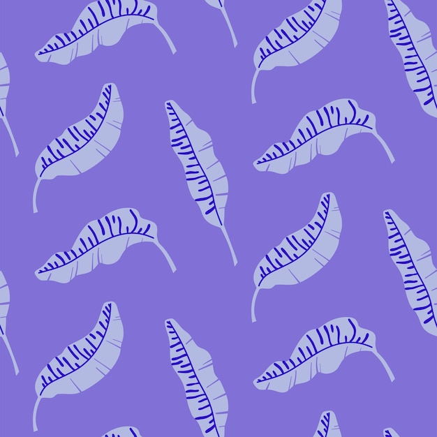 Vector patrón sin costuras con hojas de plátano en colores púrpura y azul.