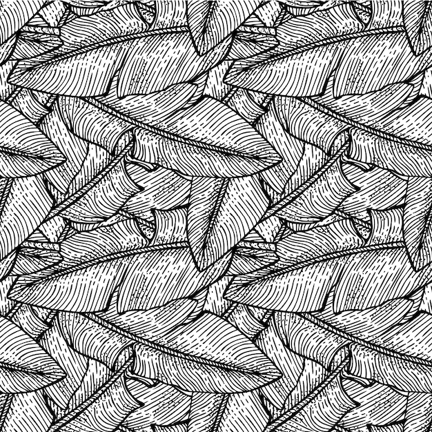 Patrón sin costuras de hojas de plátano Rama tropical retro en estilo de grabado Follaje de textura dibujado a mano para papel tapiz de tela Papel de regalo de impresión textil Ilustración vectorial