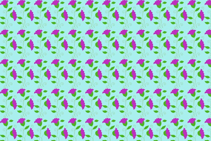un patrón sin costuras de hojas púrpuras y verdes sobre un fondo azul