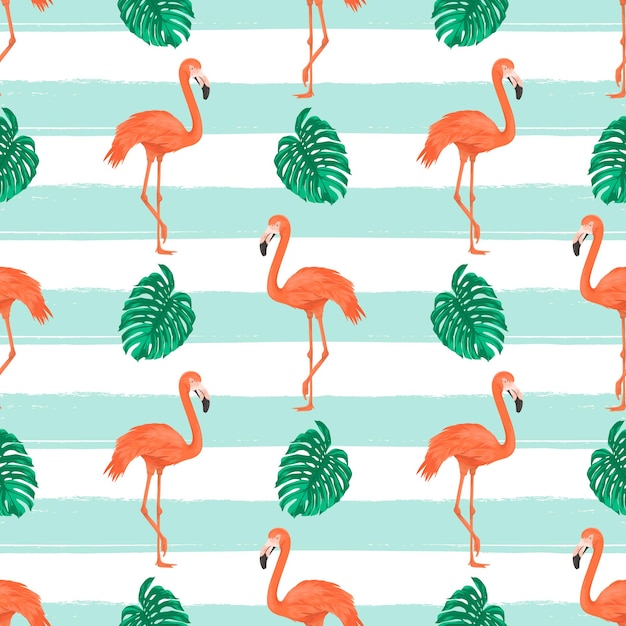 Patrón sin costuras con hojas tropicales de aves flamencos sobre fondo rayado fondo tropical repetido ilustración vectorial plana áfrica savannh patrón de flamenco exótico de verano concepto tropical