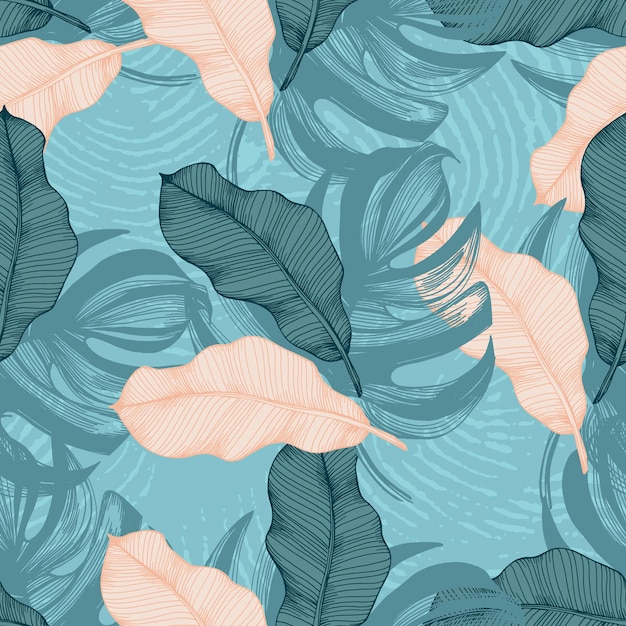 Patrón sin costuras con hojas tropicales y monstera Estilo de boceto de color fondo dibujado a mano Ilustración detallada dibujada a mano Ideal para embalajes de invitaciones de telas y impresiones textiles