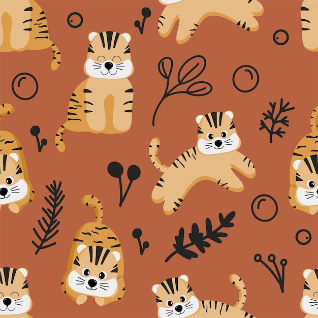 Patrón sin costuras con hojas tropicales y tigres ilustración de niños de cachorro de tigre de personaje de dibujos animados lindo con un animal divertido para cartel de impresión de decoración de habitación de diseño de cosas