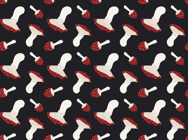 Patrón sin costuras con hongo agarico de mosca en un fondo oscuro Ideal para textiles de diseño retro