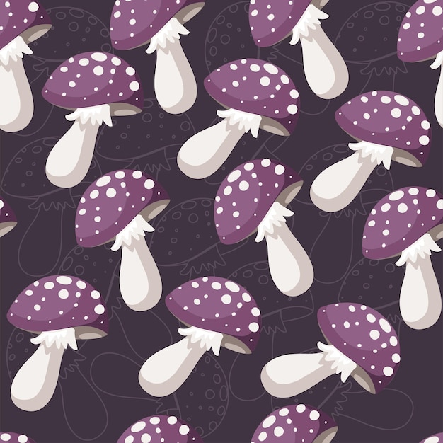 Patrón sin costuras de hongo púrpura tóxico con puntos blancos Ilustración de vector plano de agárico de mosca púrpura sobre fondo oscuro