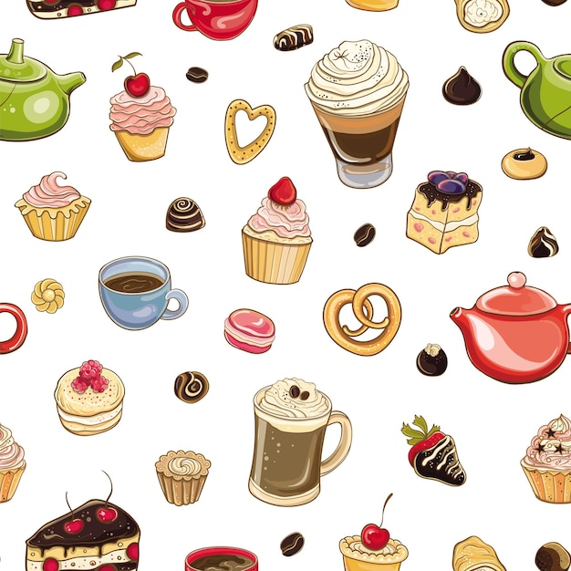 Patrón sin costuras - Hora de dulces. Vector fondo colorido y delicioso con tortas, pasteles, cupcakes y donas sobre fondo blanco.
