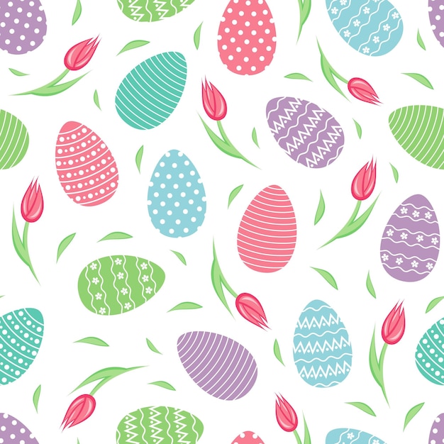 Patrón sin costuras Huevos de colores decorados tulipanes Fondo de vacaciones Feliz Pascua vector