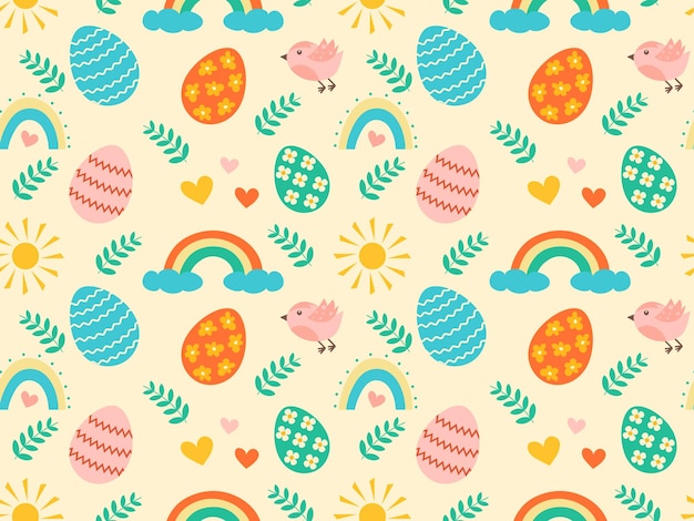 Patrón sin costuras con huevos de Pascua arco iris corazones sol ilustración vectorial colorida para el diseño de Pascua