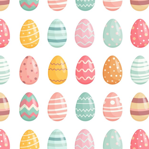 Patrón sin costuras de huevos de Pascua coloridos con varios diseños decorativos dispuestos en una cuadrícula uniforme sobre un fondo blanco Perfecto para textiles festivos envoltura de regalos y decoración navideña