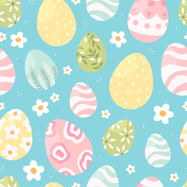Patrón sin costuras con huevos de Pascua y flores sobre un fondo azul Ilustración vectorial de Pascua