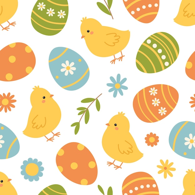 Patrón sin costuras con huevos de Pascua pollitos y flores colorido fondo de vacaciones