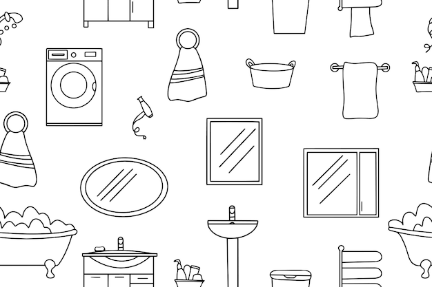 Patrón sin costuras de iconos de accesorios de baño Accesorios de muebles Equipo de baño en estilo doodle en un fondo blanco Vector