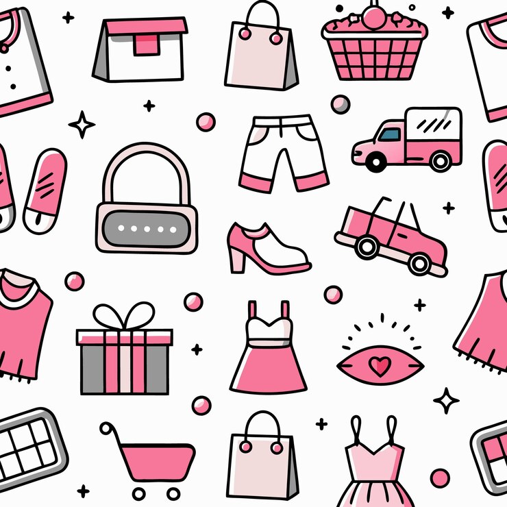Vector patrón sin costuras de iconos de compras rosados y blancos sobre un fondo blanco