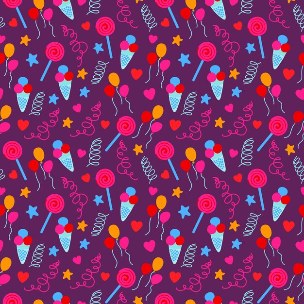 Patrón sin costuras con iconos decorativos de fiesta de cumpleaños con confeti de helado de pastel de cumpleaños y piruletas de colores variados en estilo plano moderno Ilustración vectorial