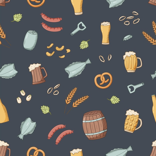 Patrón sin costuras Iconos de garabateo de cerveza Ilustración vectorial de elementos de pub cerveza y bocadillos Fondo