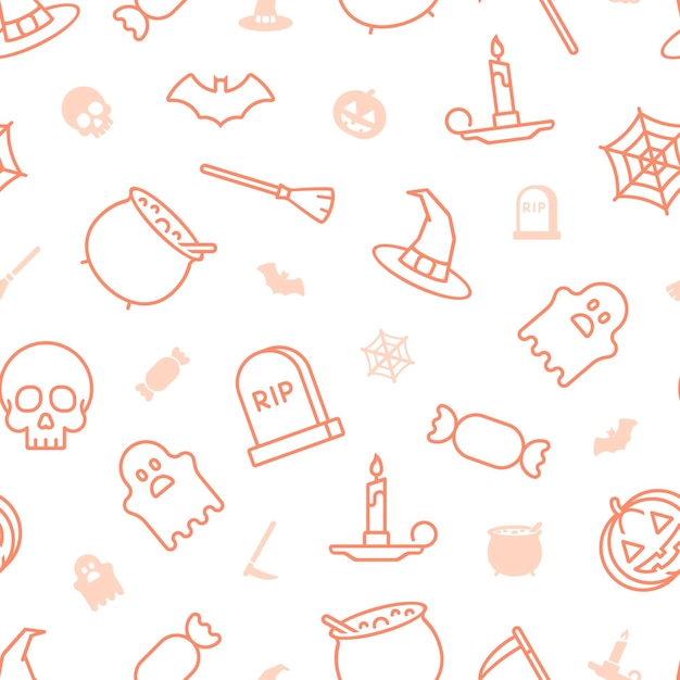 Patrón sin costuras de iconos de halloween de contorno naranja sobre fondo transparente