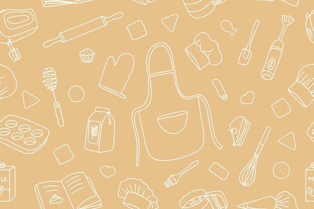 Patrón sin costuras de iconos de herramientas de cocina Equipamiento de cocina y horneado dibujado a mano en estilo doodle Ilustración vectorial en fondo claro para libro de recetas de menús de restaurantes y papel tapiz