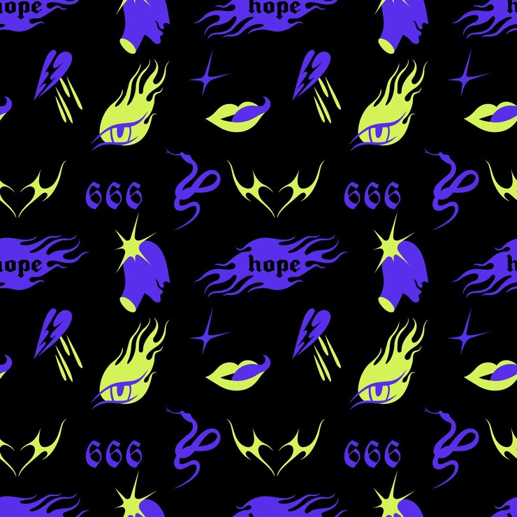 Patrón sin costuras con iconos o pegatinas Y2k Composiciones o estampados de tatuajes de diseño brutalista Estilo psicodélico