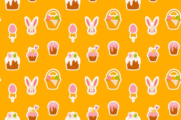 Patrón sin costuras con iconos con temas de Pascua, incluidas caras de conejos, cestas, pasteles y cupcakes