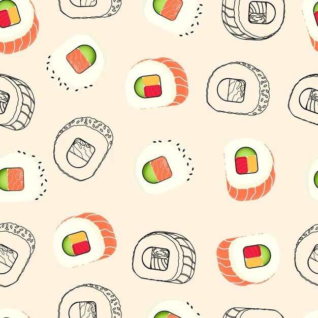 Patrón sin costuras de ilustración de diseño plano de sushi uramaki