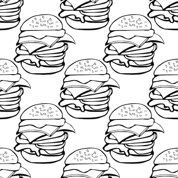 Patrón sin costuras con ilustración de un esquema de hamburguesas sobre fondo blanco