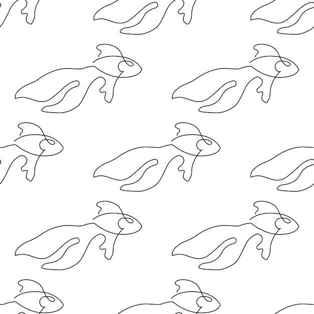Patrón sin costuras con ilustración de peces en estilo de arte de línea sobre fondo blanco
