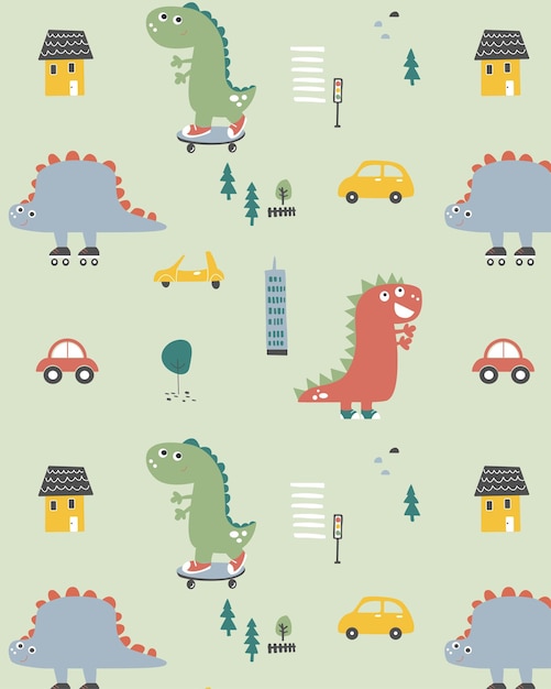 Patrón sin costuras con ilustración de vector de dinosaurios de dibujos animados con personajes de niños lindos