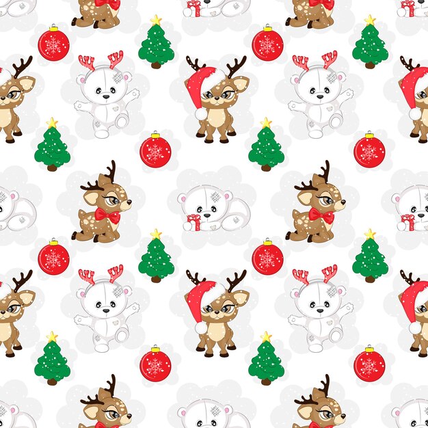 Patrón sin costuras con ilustración de vector de oso y renos de Navidad blanca