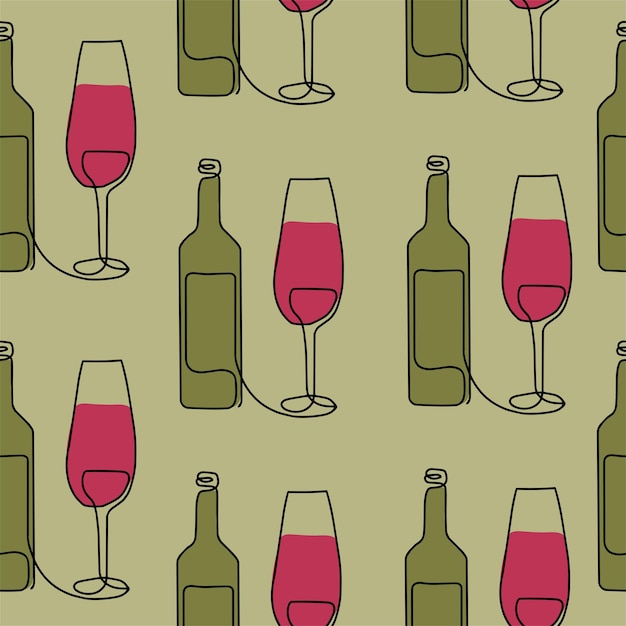 Vector patrón sin costuras ilustración vectorial de una botella de vino y un vaso dibujo en una línea