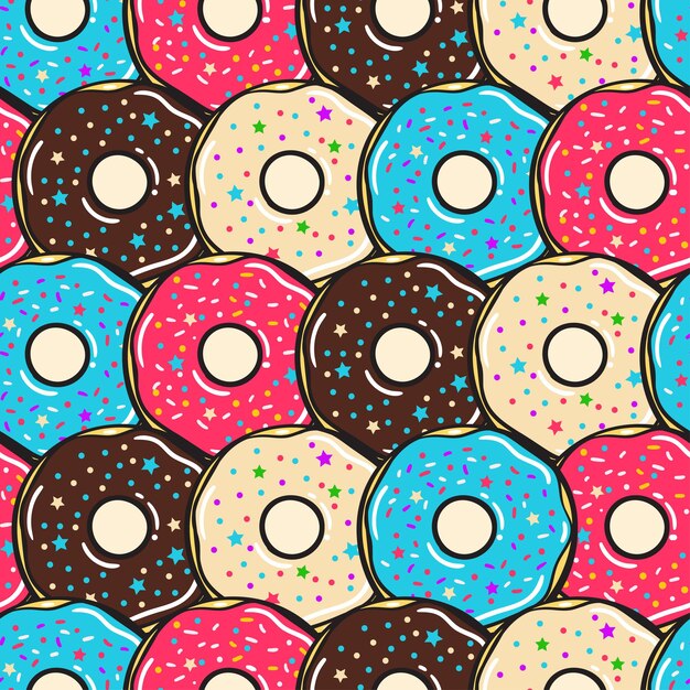 Patrón sin costuras Ilustración vectorial Rosquillas dulces de colores